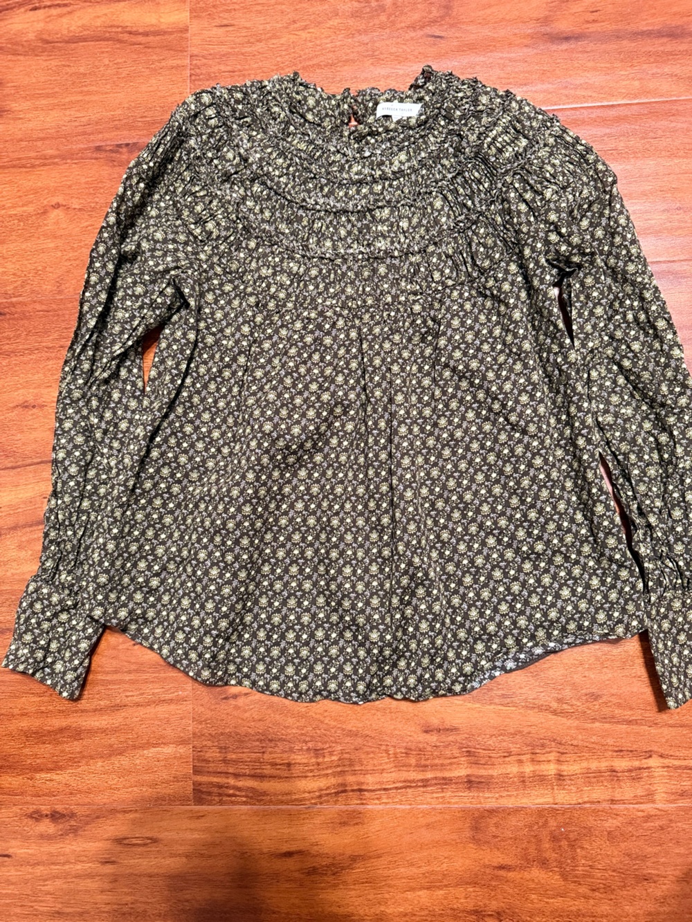 Rebecca Taylor Brown Floral Smocked Blouse with Cream and Yellow Accents